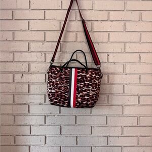 HAUTE SHORE Leopard Print Crossbody Bag with Red and Black straps